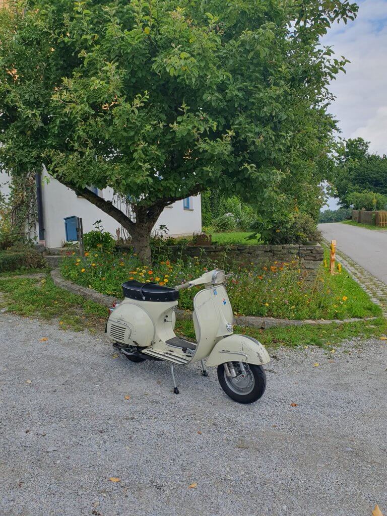 Motovespa 150 Sport, 2. Serie von 1964 vor einem Bauernhaus mit blühendem Garten – klassische Vespa in restauriertem Zustand